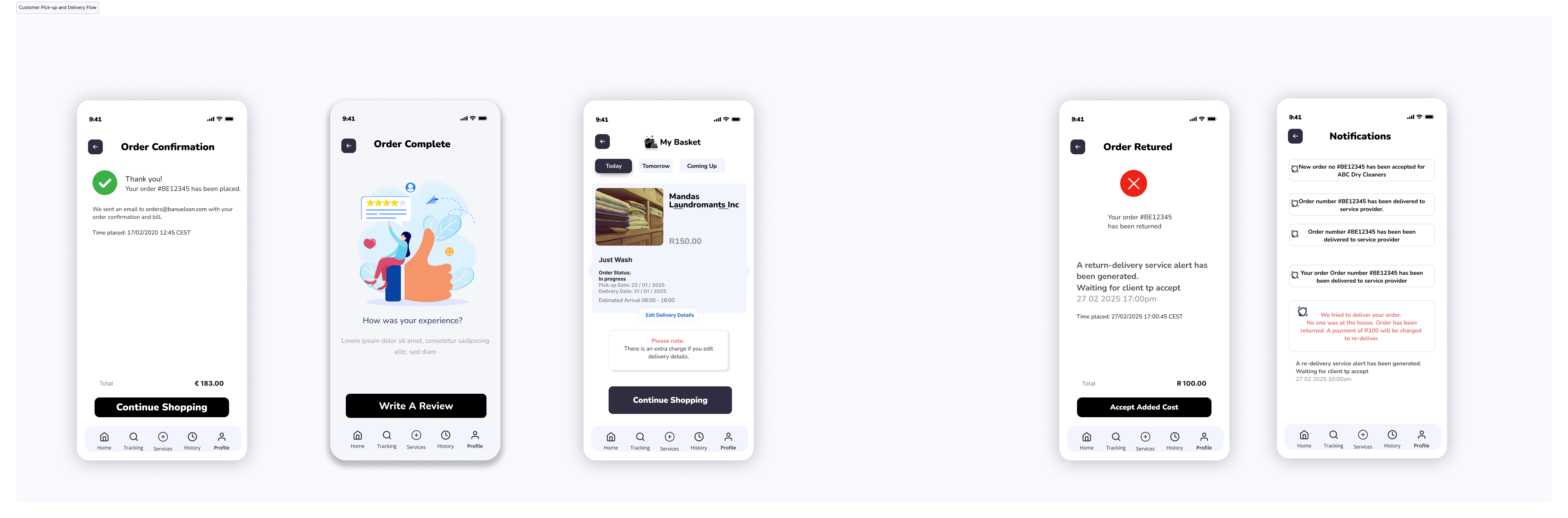 Customer delivery tracking app screens