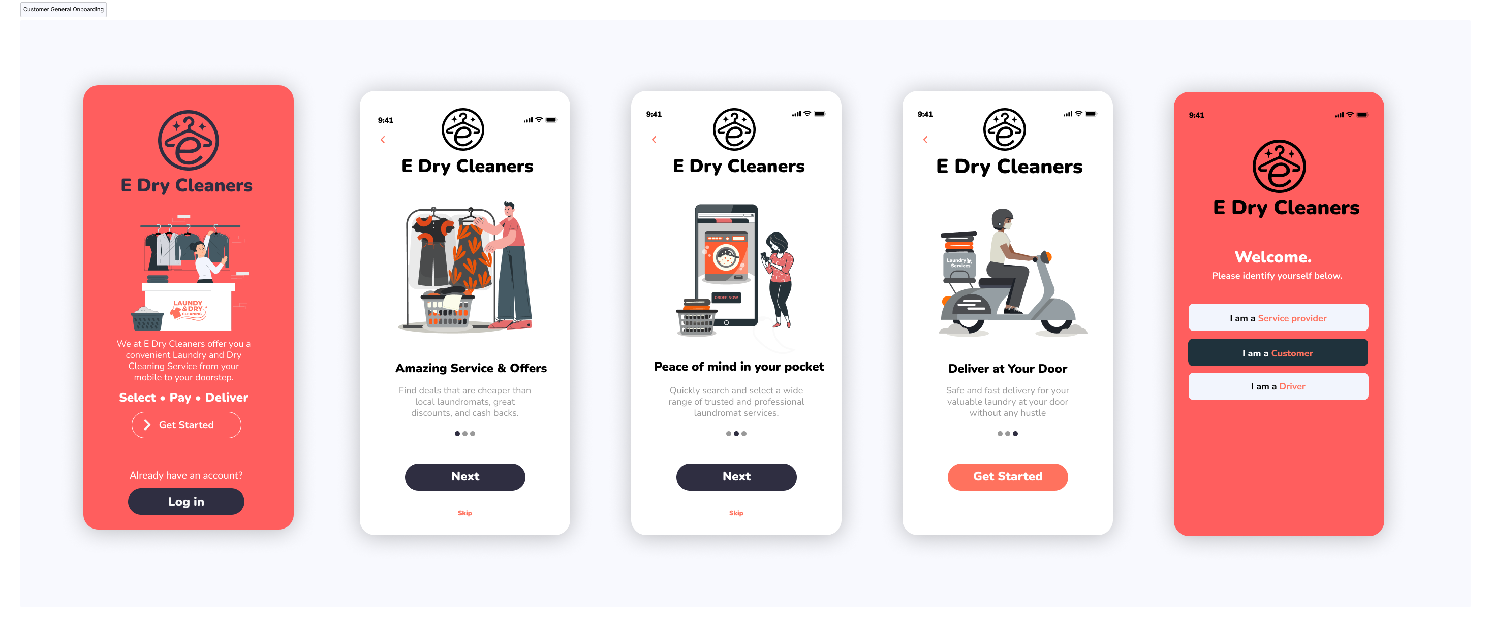 E Dry Cleaners customer app — onboarding screens