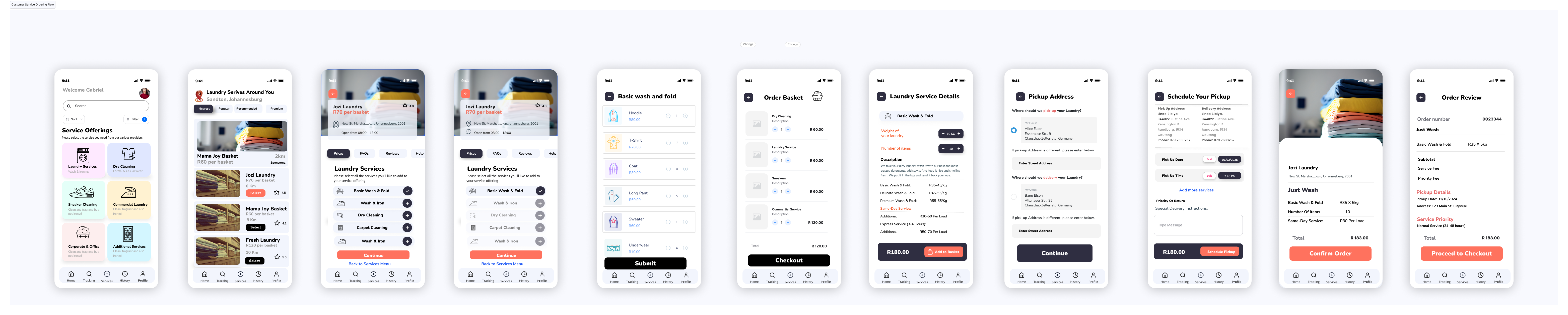 Customer app — service ordering flow